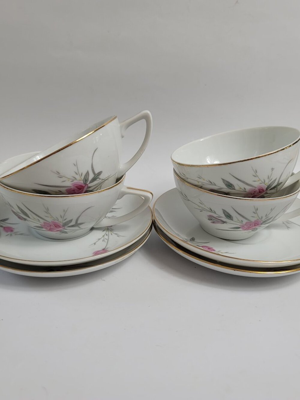FOUR Fine China of Japan Golden Rose Cup and Saucer Sets Pink Roses Gray Leaves